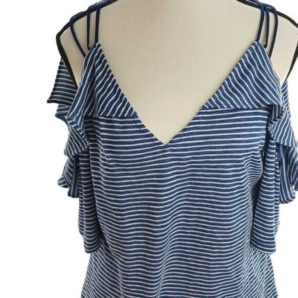 Lucky Brand Womens XS Blue White Stripe Cold Shoulder Ruffle Top Summer Casual - Picture 3 of 8